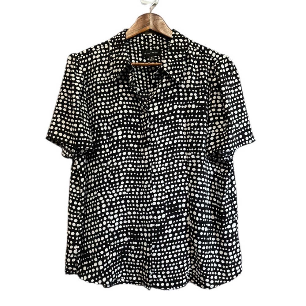 Investments Polka Dot Blouse Womens‎ Medium Black White Excellent Short Sleeve